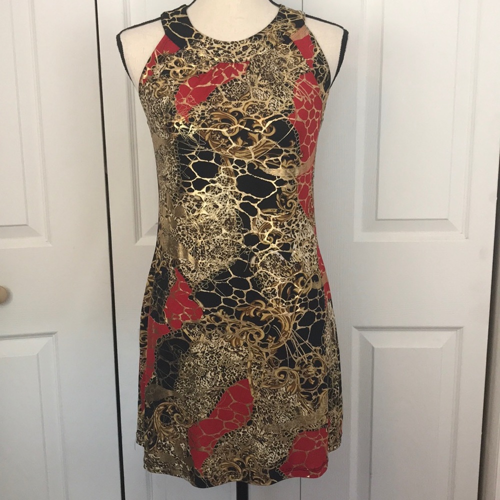 Sleeveless Red, Gold, and black dress medium